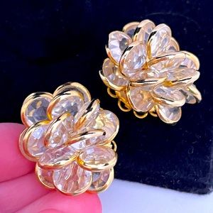 Vintage HEAVY Crystal Gold Tone Spring Floral Maximalist Party Cluster Earrings